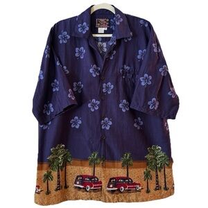 Basix Hawaiian Shirt Blue Hibiscus Woody Wagon Border Print Cotton L